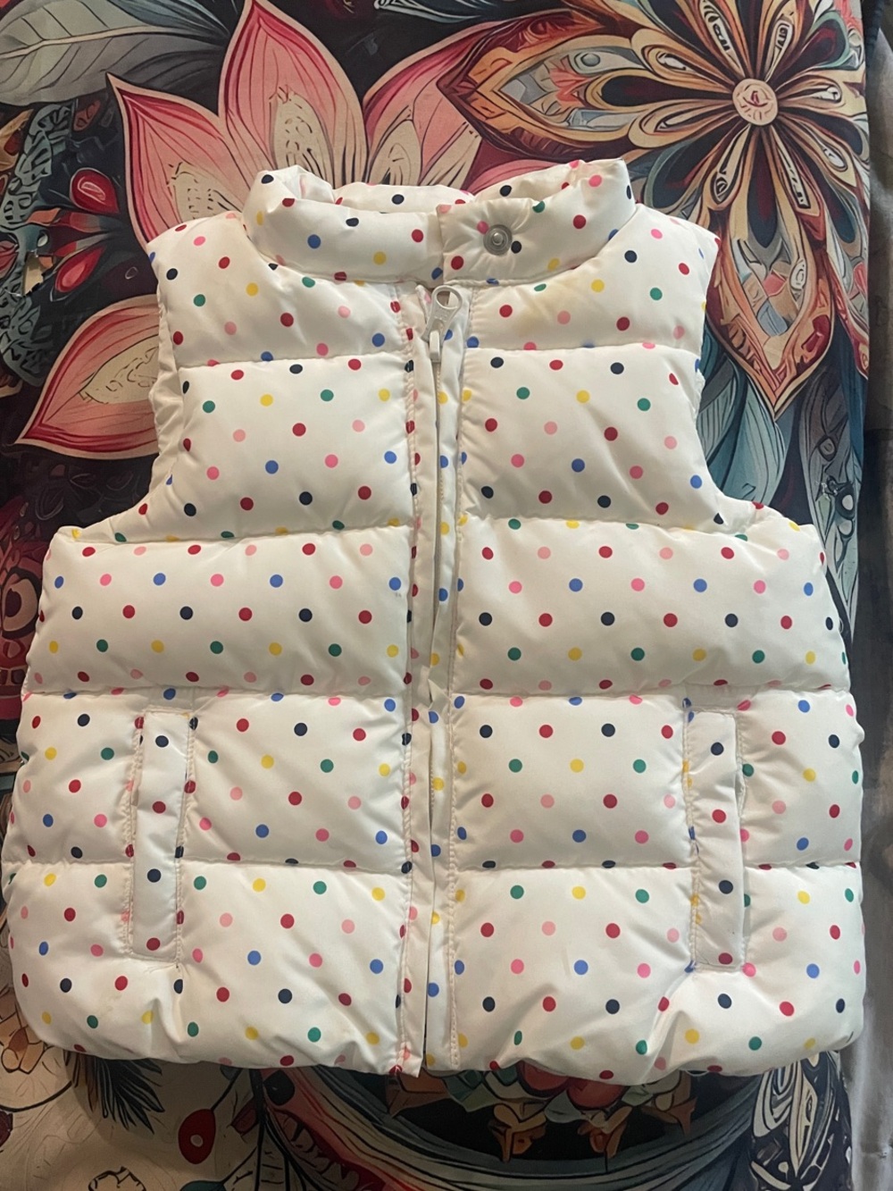 GAP Kids White Puffer Vest with Multicolor Polka Dots